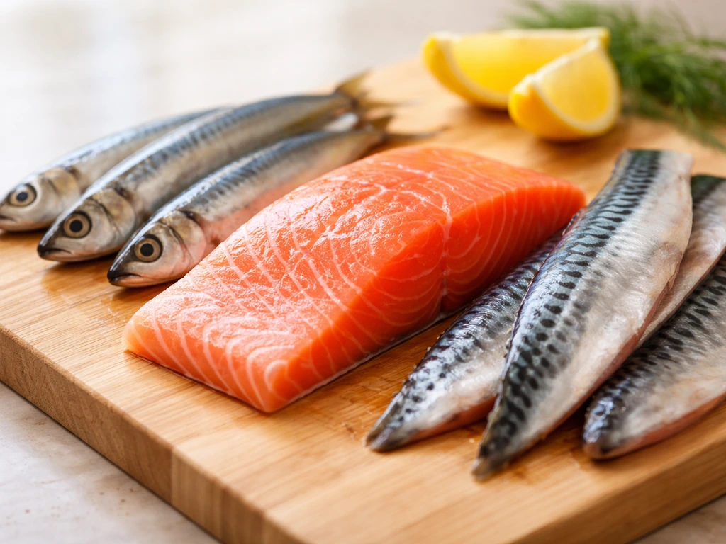 Fresh salmon fillet with sardines and mackerel on a simple cutting board, natural light.
