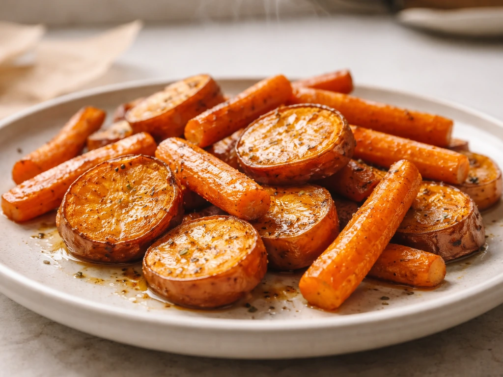 Roasted sweet potato and carrot sticks with bright orange tones on a simple plate.