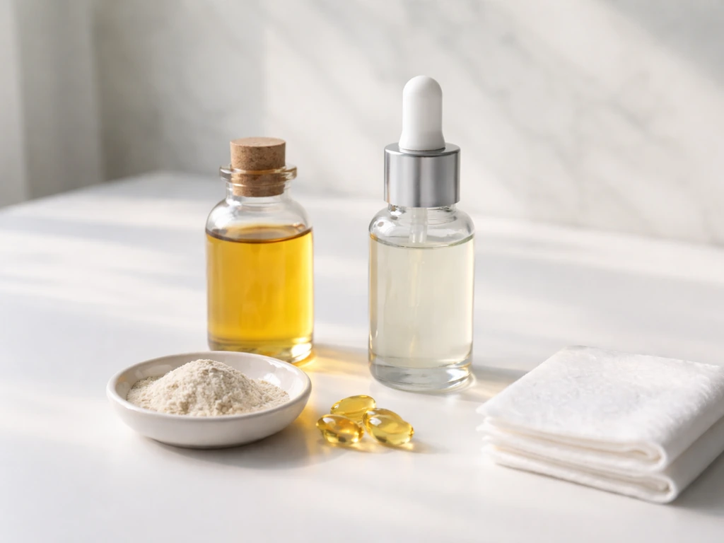 Minimal photo of castor oil and peptide serum bottles with a small pile of raw ingredients on a vanity.
