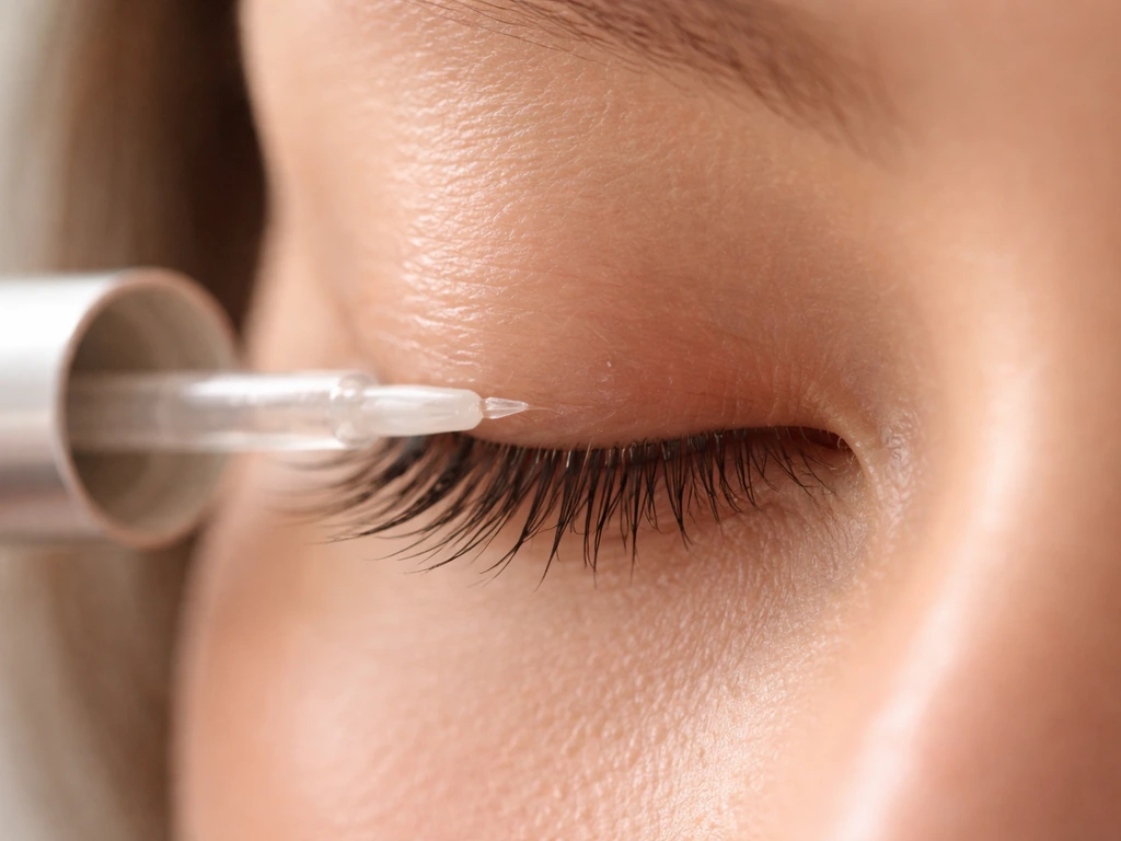 Close-up of a clear lash serum applied along the upper lash line with a small wand/brush.
