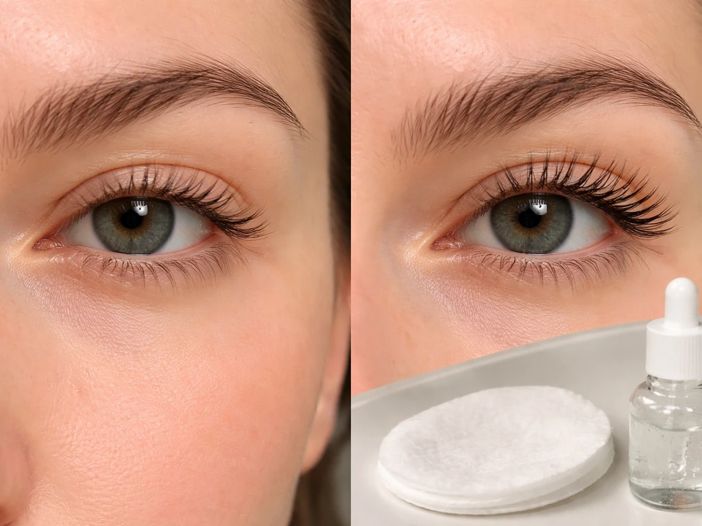 Close-up of recovering lashes with a damaged-sparse vs fuller-healthier lash look, plus cotton pad and soothing gel.