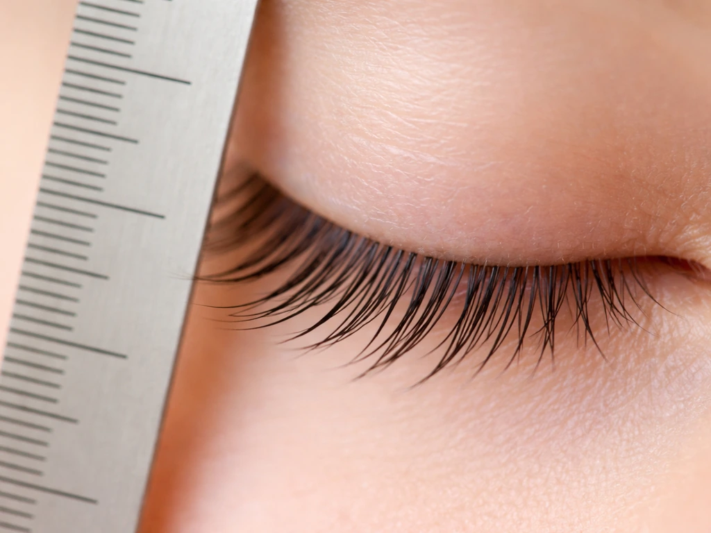 Macro close-up of an eye area with a small ruler showing typical upper eyelash length around 7–10 mm.
