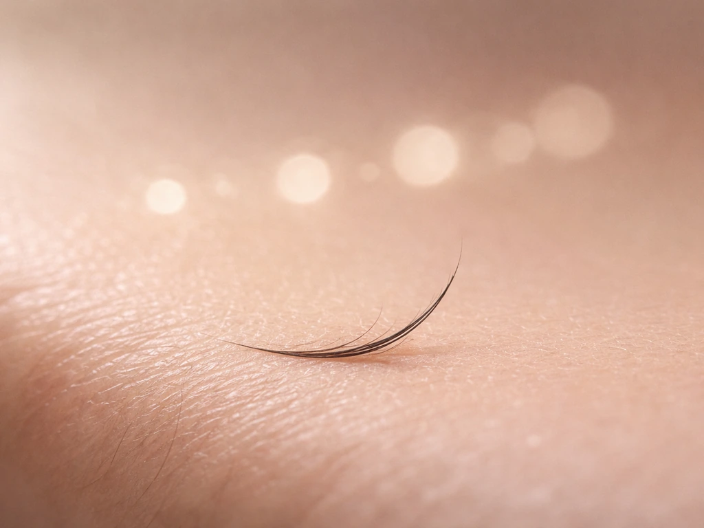 Macro inset of one plucked eyelash near the lash line with subtle bokeh suggesting regrowth over time.