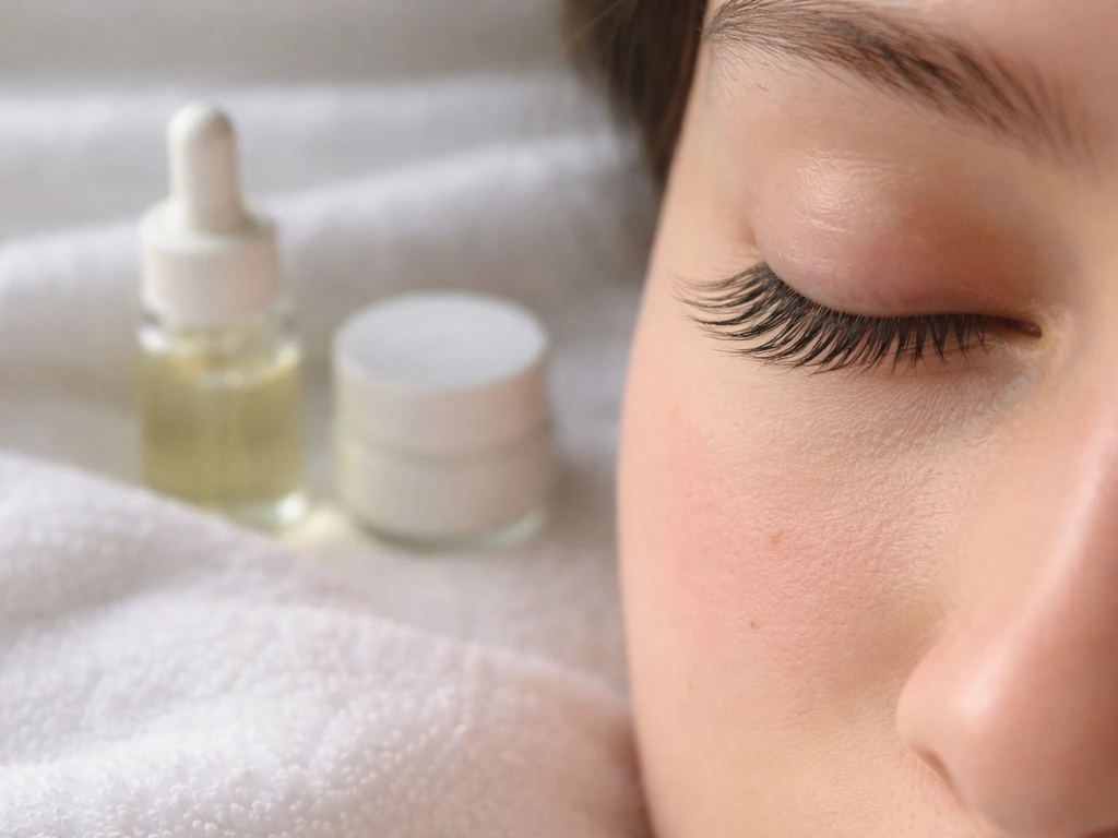 Minimal photo of a woman’s closed eye with simple skincare products near it, symbolizing factors affecting lash growth.