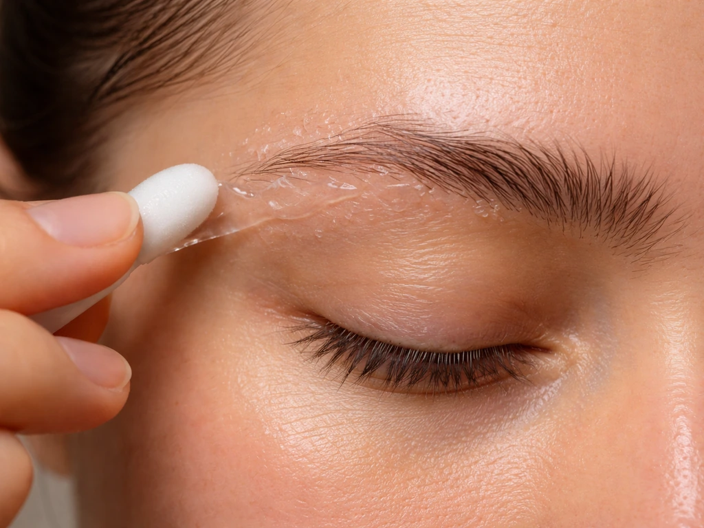 Hand applies clear moisturizer around the brow and upper cheek near follicles, avoiding the eye.