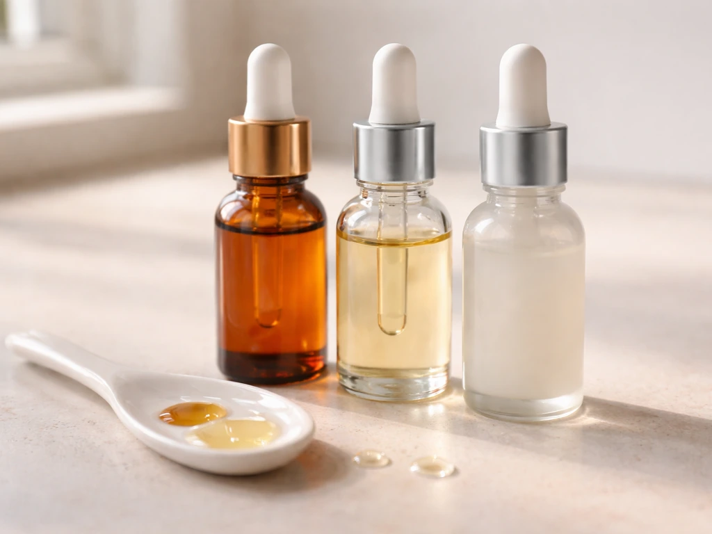Minimal tabletop scene with small glass bottles of castor oil and peptide serum-like drops, ready for comparison.