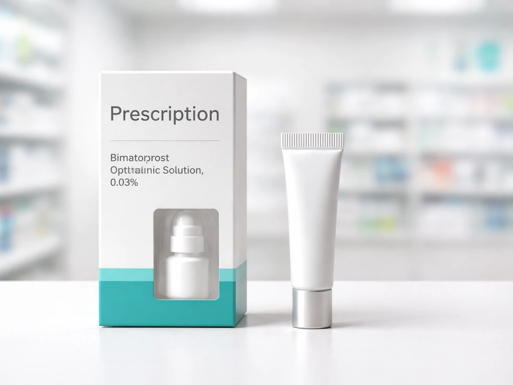 Generic prescription bimatoprost package beside an OTC prostaglandin-analog serum tube on a pharmacy table.