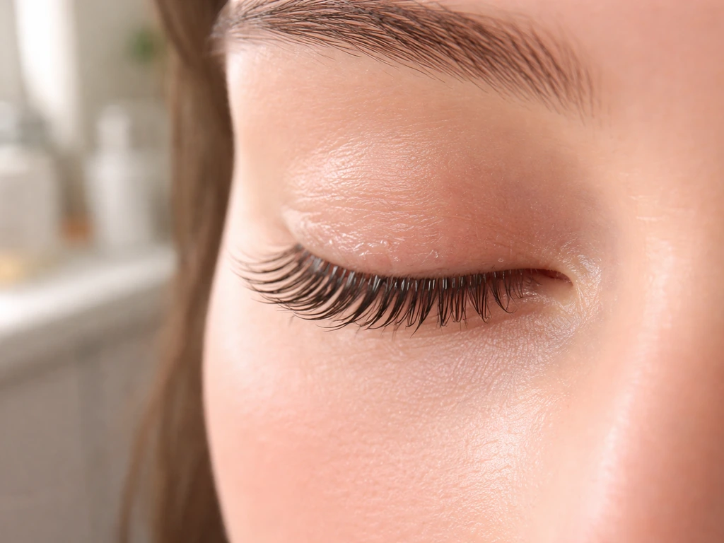 Close-up of an eyelid with clean lash line and subtle curl, showing safe today eyelash care results.