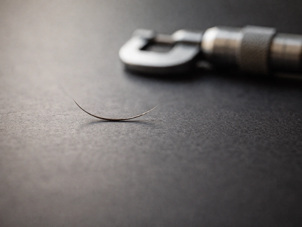 Close-up macro of a single eyelash with a subtle, out-of-focus micrometer-like scale beside it