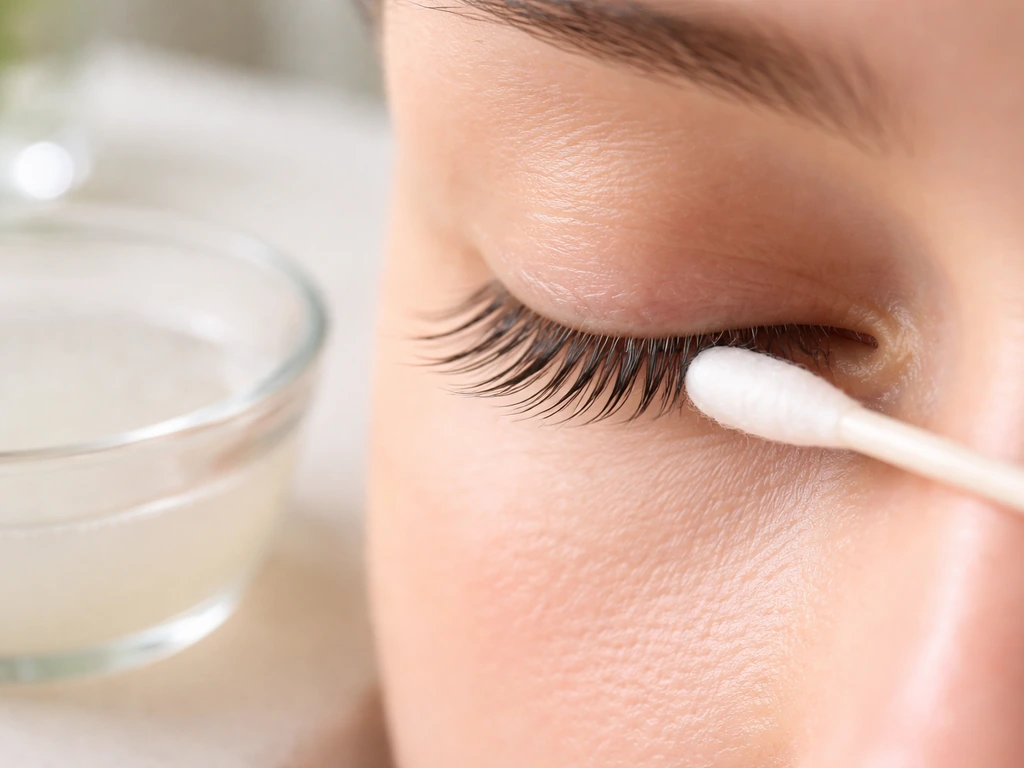 Close-up of a cotton swab scrubbing lash line with a tiny amount of baby-shampoo and warm-water mix