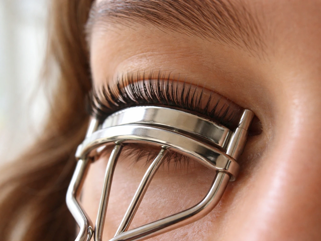 Close-up of eyelash curler clamped at the lash root before mascara, showing a lifted curl.
