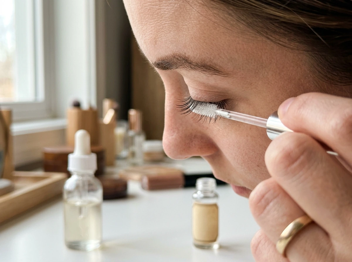 Close-up of an eyelash serum brush poised above lashes with a small ingredient vial set nearby