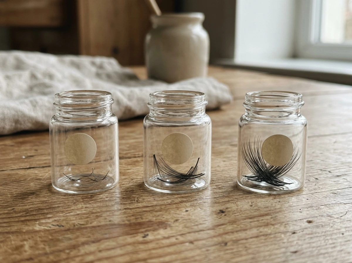Objects showing eyelash growth phases with lash segments of different lengths in jars