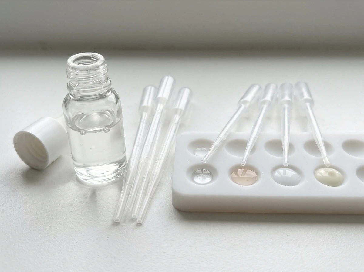 Dropper and measured serum ingredient droplets in wells with no labels visible