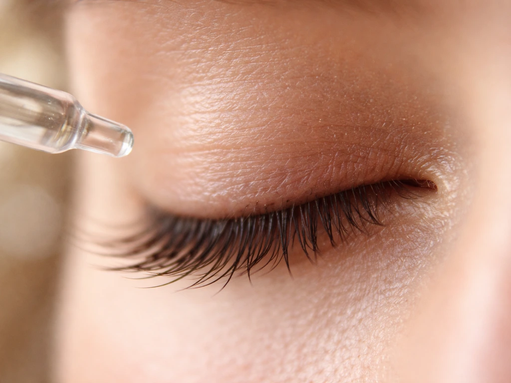 Macro close-up of eyelashes with a blurred serum dropper tip near the lash line