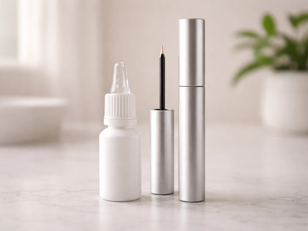 Side-by-side eye dropper bottle and lash-growth serum tube on a clean vanity surface.