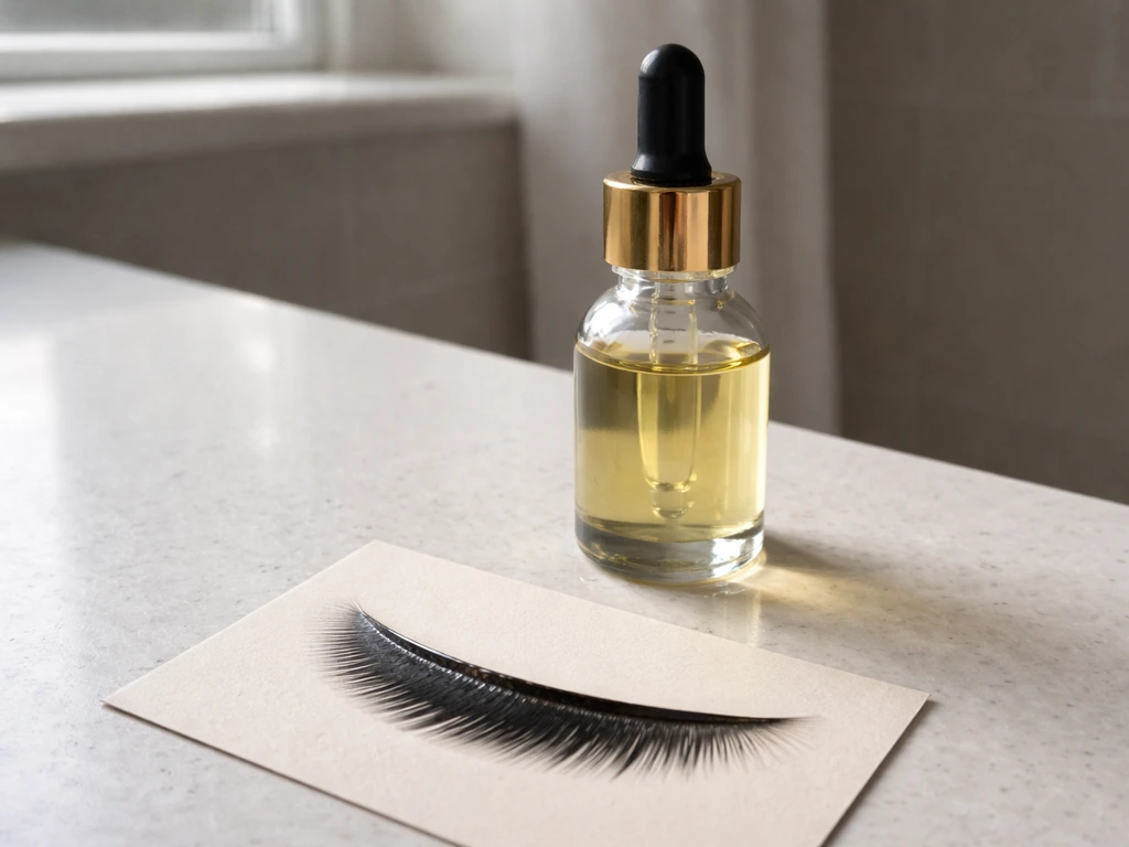 Close-up of a castor oil dropper bottle and a lash swatch with clear oil sheen coating the fibers.