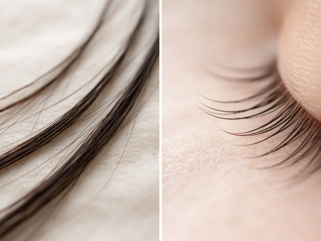 Split-screen close-up comparing long flowing scalp hair strands to shorter eyelash hairs.