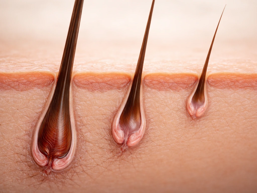Macro close-up of hair follicles in growth, transition, and resting phases with longer scalp growth implied.