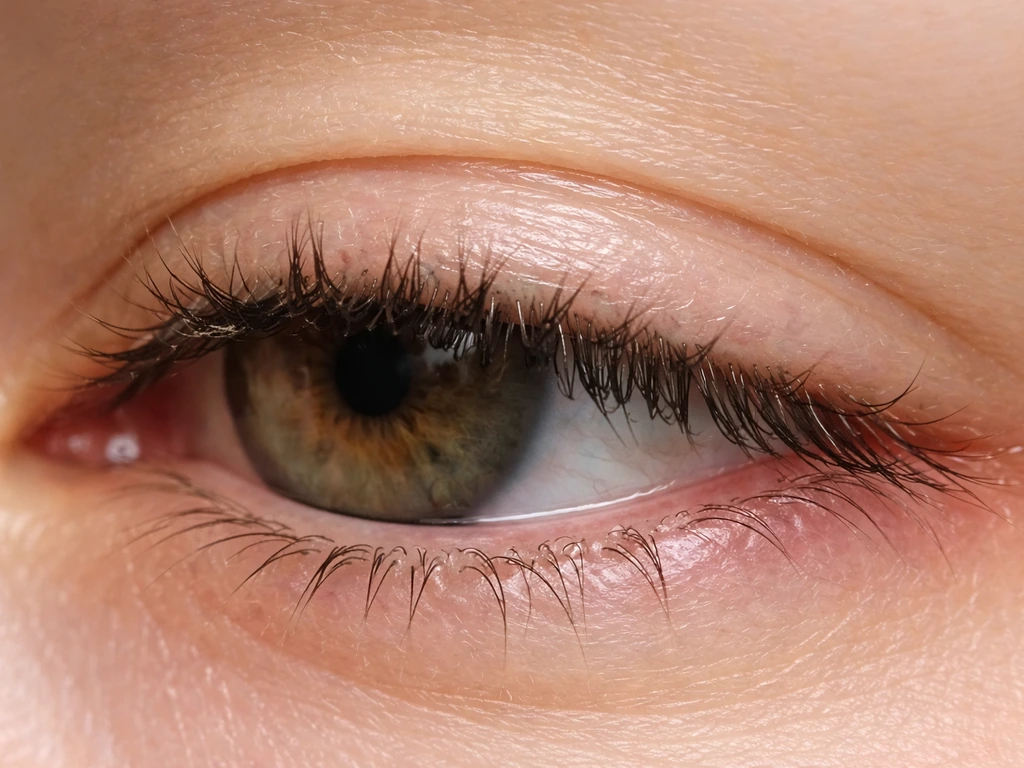 Close-up of an eye with lashes clumped and visibly shorter from breakage and friction