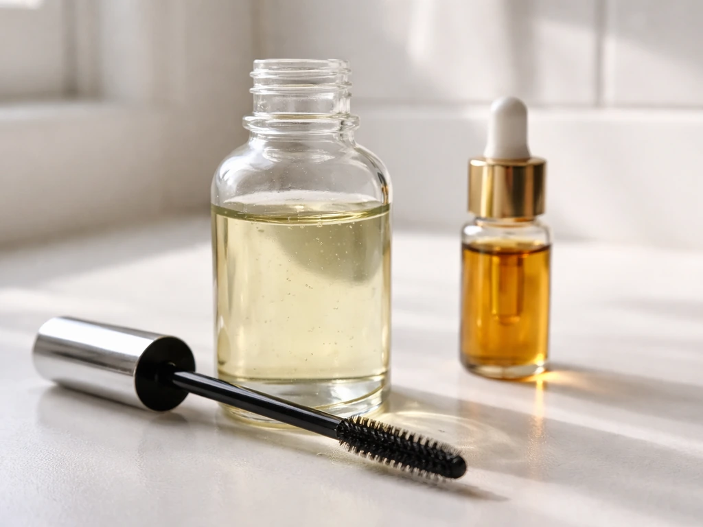 Closeup of a cold-pressed, hexane-free castor oil applicator and biotin in a small bottle