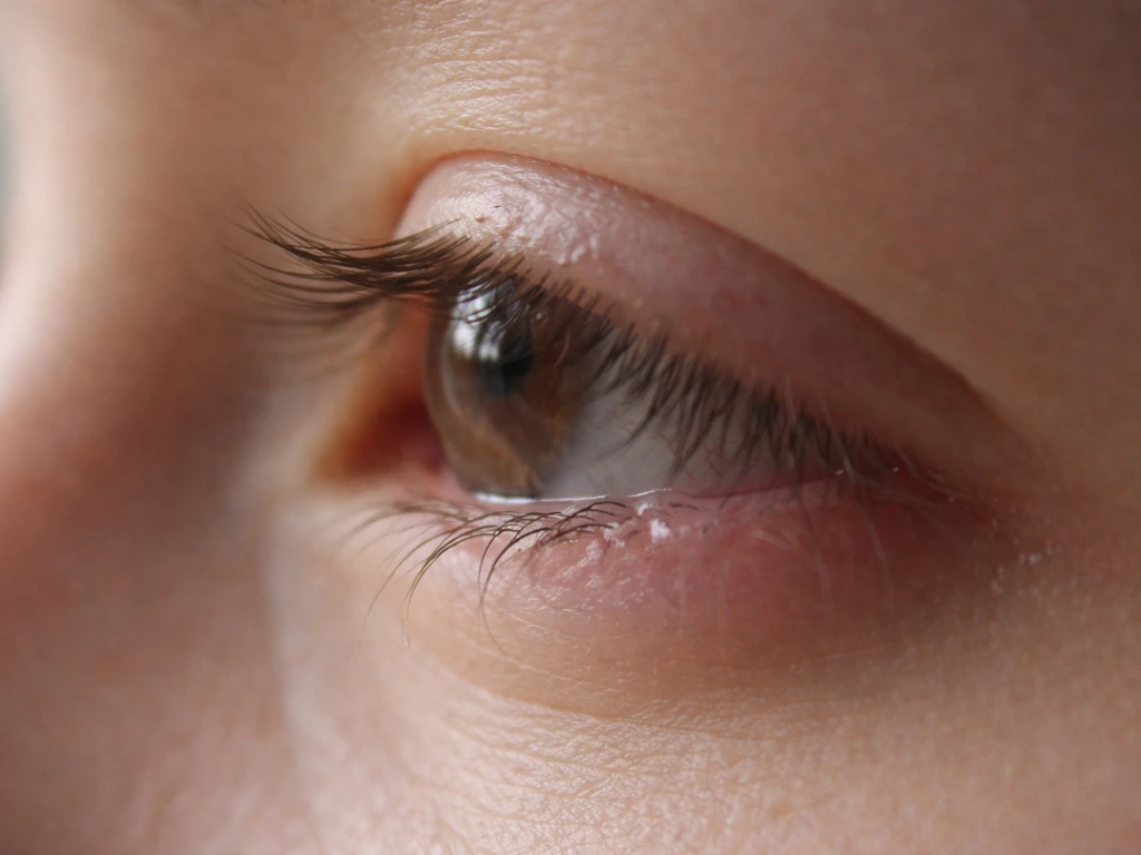 Close-up side view of an eyelid showing inward-misdirected eyelashes touching the eye surface.