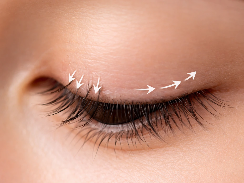 Close-up of an eyelid with inward-misdirected eyelashes and subtle lash-direction arrows