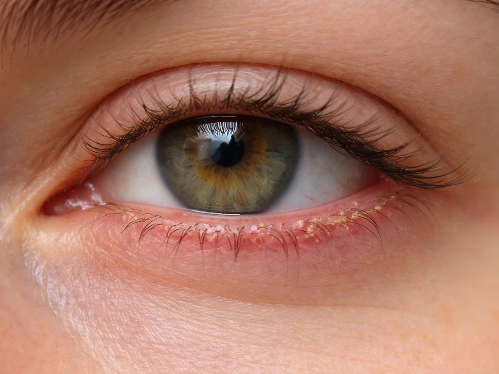 Extreme close-up of an eye showing irritated eyelid margin with mild crusting along the lash line.