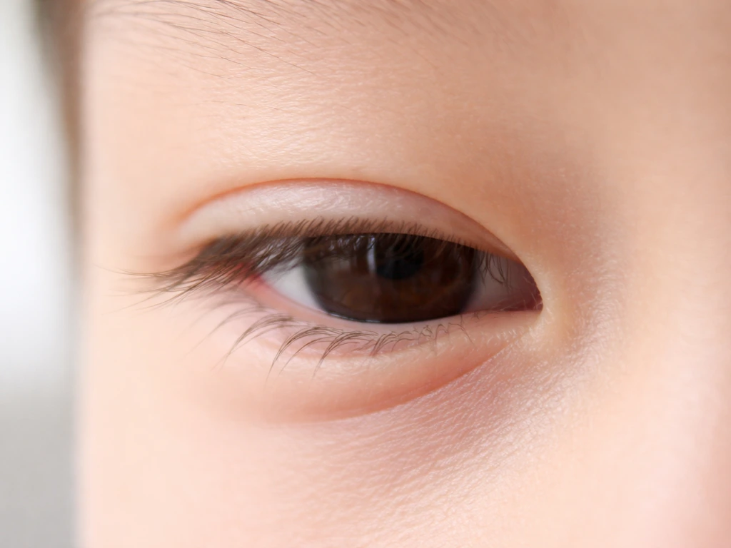 Close-up of an anonymous child lower eyelid showing an inward skin fold pushing lashes inward.
