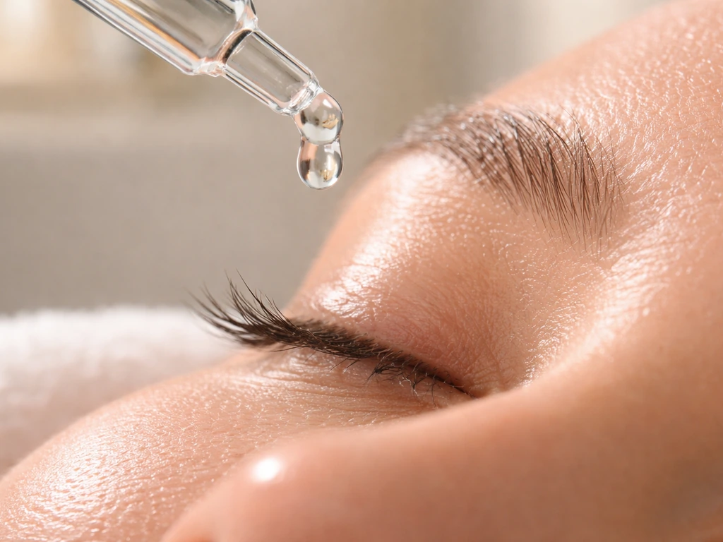 Preservative-free lubricating eye drops dispensed from a dropper onto a closed eye to reduce irritation.