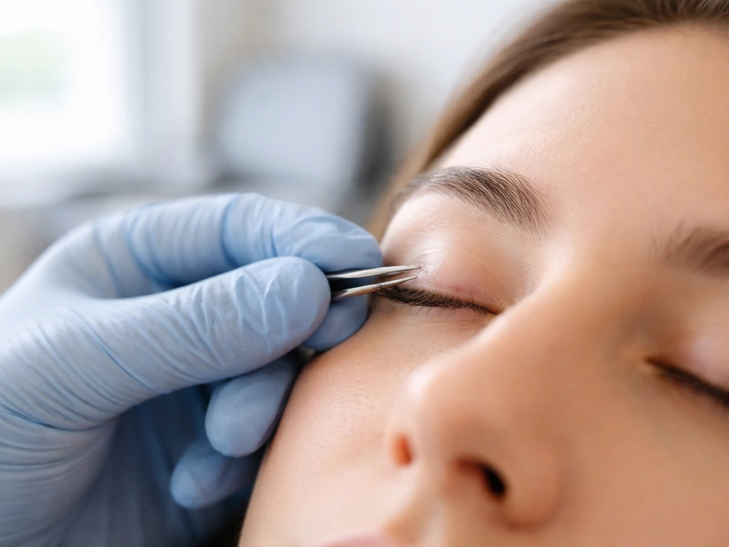 Clinician using fine forceps to gently remove an eyelash near the lash line in a clean exam room.