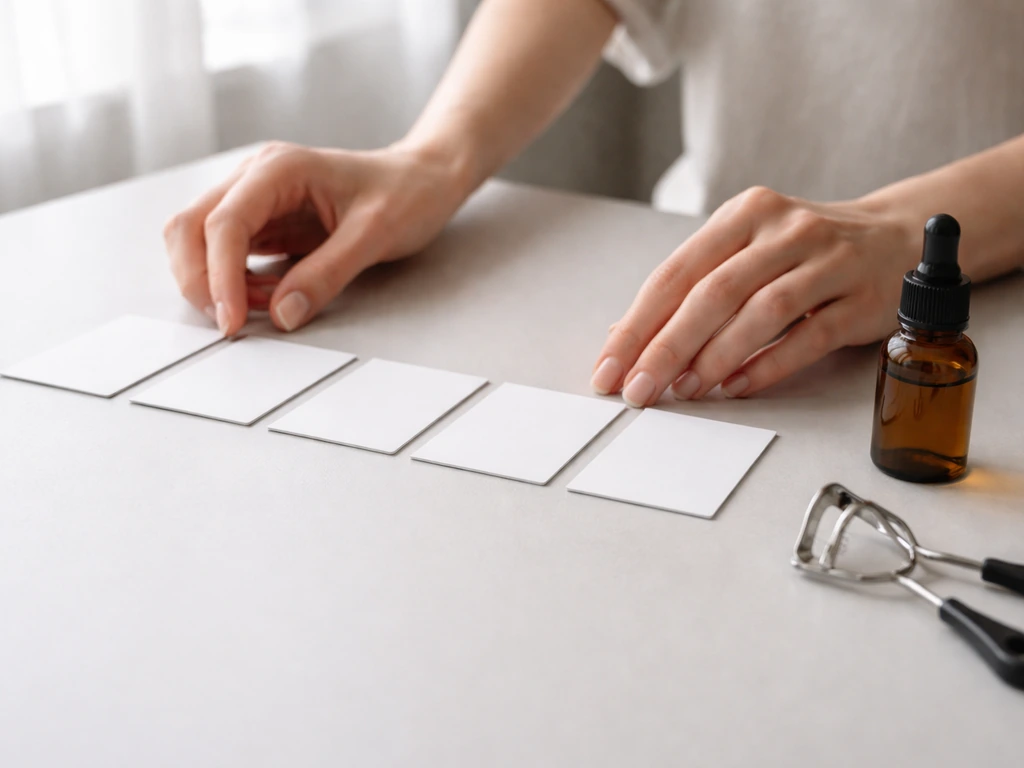 Hands arranging simple lash timeline cards on a clean desk, evoking week-by-week latanoprost lash growth.