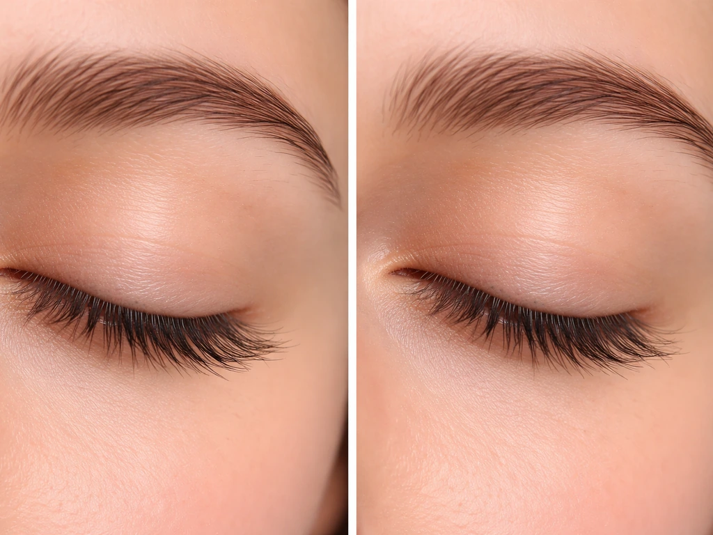 Close-up side-by-side comparison of lashes: thick, healthy lashes vs sparse, weakened lashes under natural light.