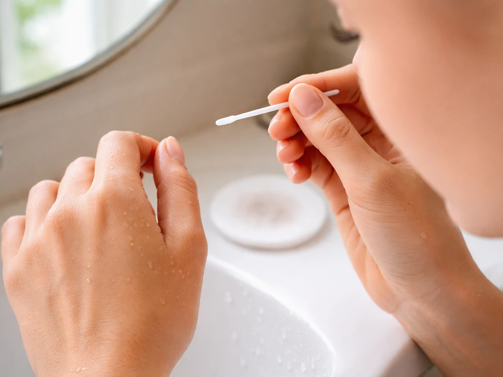 Clean hands holding a small applicator near a lash line, with a cotton pad and sink nearby.