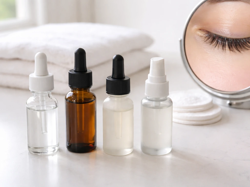 Minimal vanity photo comparing lash treatments with unlabeled dropper bottles and a close-up of anonymous lashes.