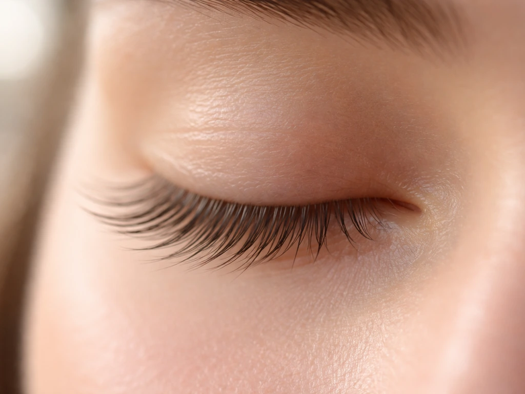 Close-up of natural eyelashes on a closed eye, showing healthy length and volume in soft natural light.