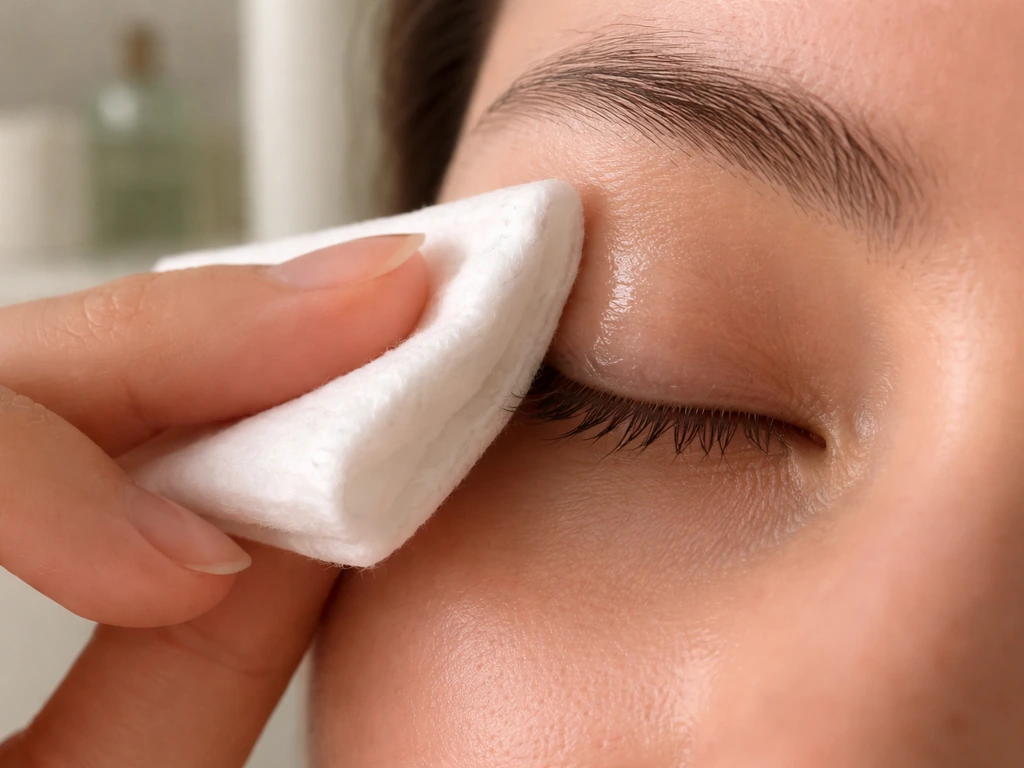 Cotton pad gently removes eye makeup along the upper lash line at home.