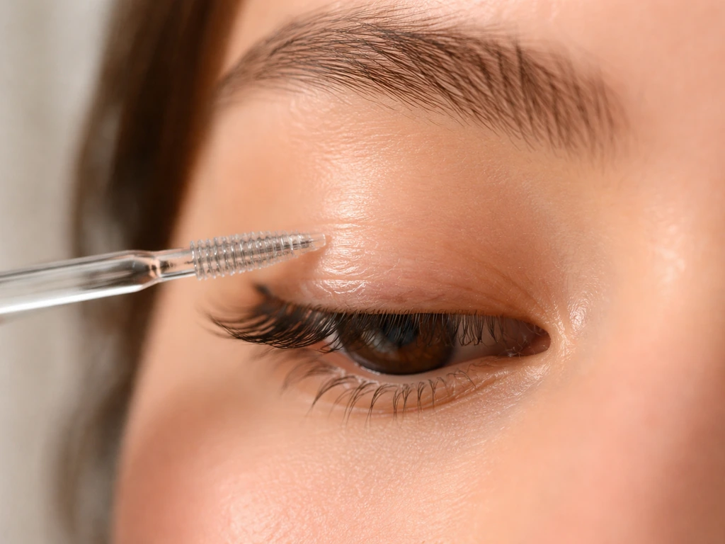 Close-up of clear lash serum applied along the upper lash line with a fine spoolie applicator.