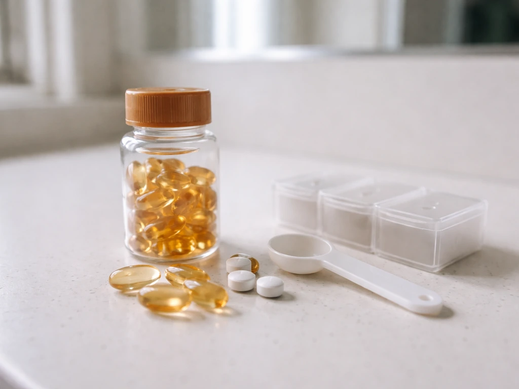 Biotin capsules and tablets beside a small supplement bottle on a bathroom counter