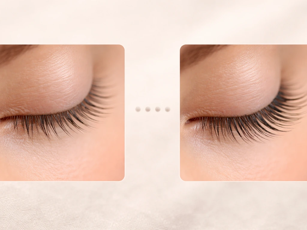 Side-by-side close-ups of shorter and longer eyelashes with a faint progression marker, no text.
