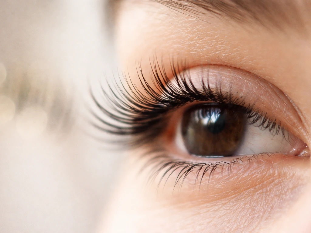 Macro close-up of natural eyelashes with a subtle blurred sense of growth expectation.