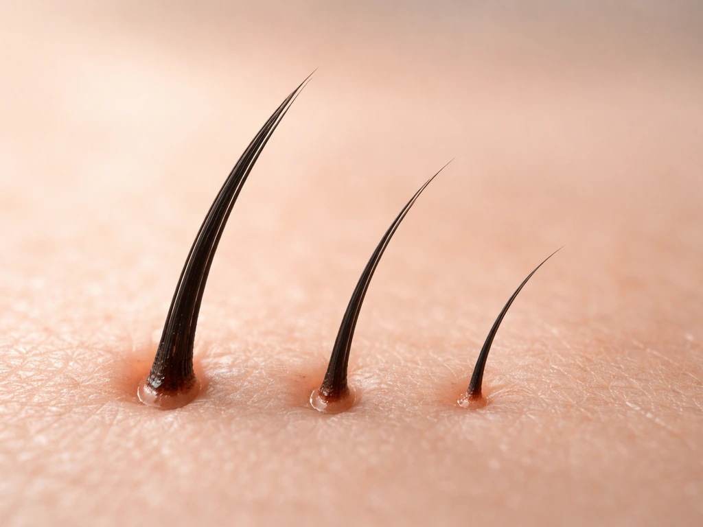 Macro view of eyelash follicles and three lashes suggesting growth, transition, and resting phases.