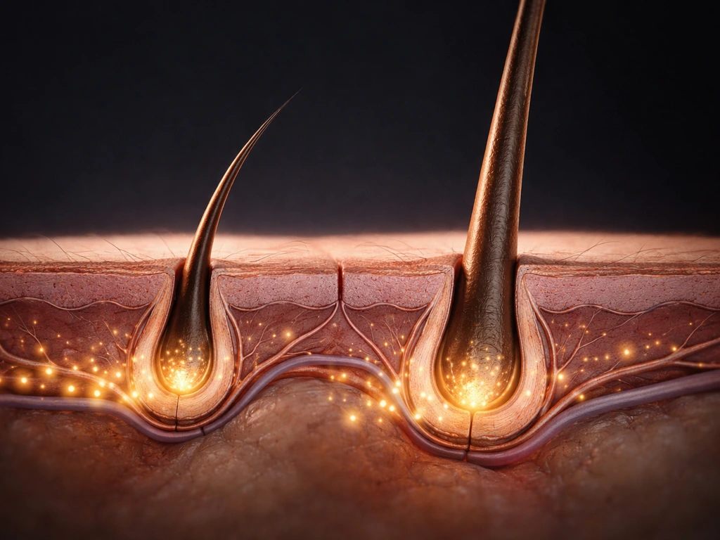 Minimal macro cross-section concept of hair follicles with glowing nutrient particles reaching eyelash follicles