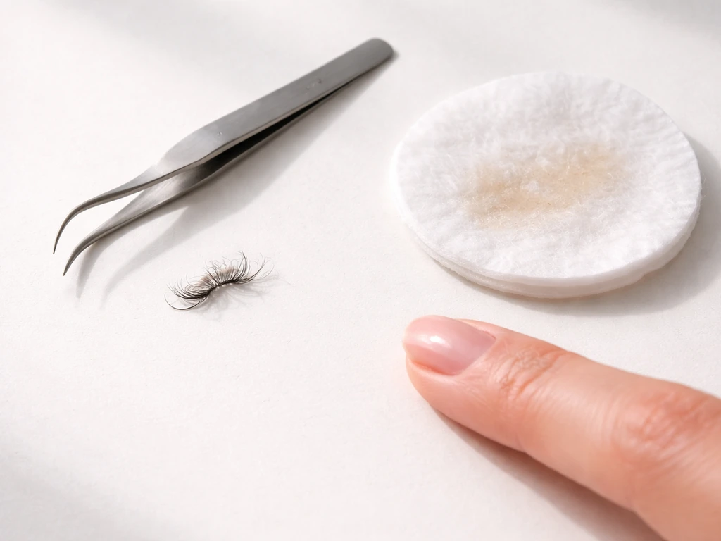 Close-up of eyelash extension tools, cotton pad, and light rubbing near the eyelid showing irritation cause.