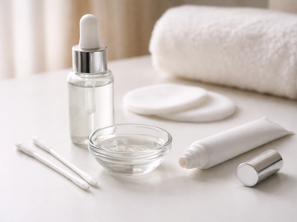 Minimal at-home lash recovery items: cleanser, dropper bottle, swabs, and serum on a clean vanity.