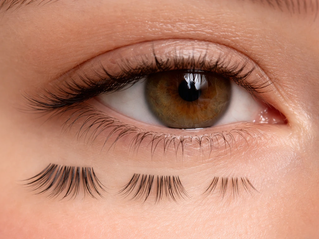 Close-up of eyelashes arranged in three growth phases showing anagen, catagen, and telogen progression.