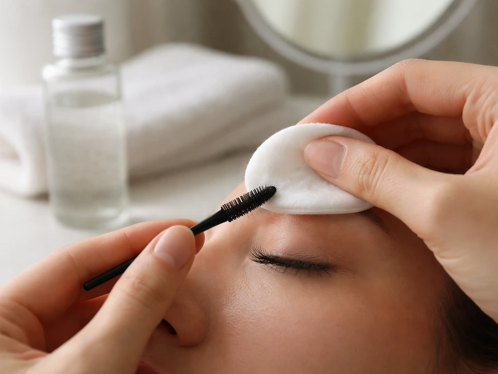 Hands gently cleansing lash line with micellar water on a soft cotton pad at a bathroom counter