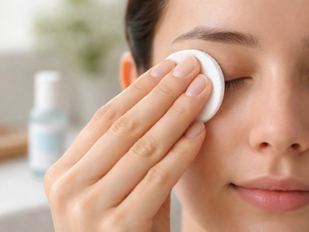 Hands holding a cotton pad near a closed eyelid, signaling to stop rubbing the lash line.