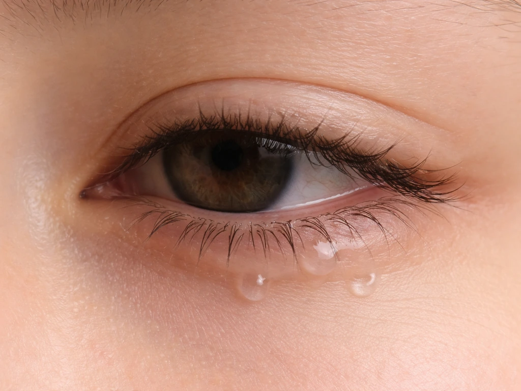Close-up of lashes with mild tears at the lower eyelid, showing lashes unchanged and not clumped.