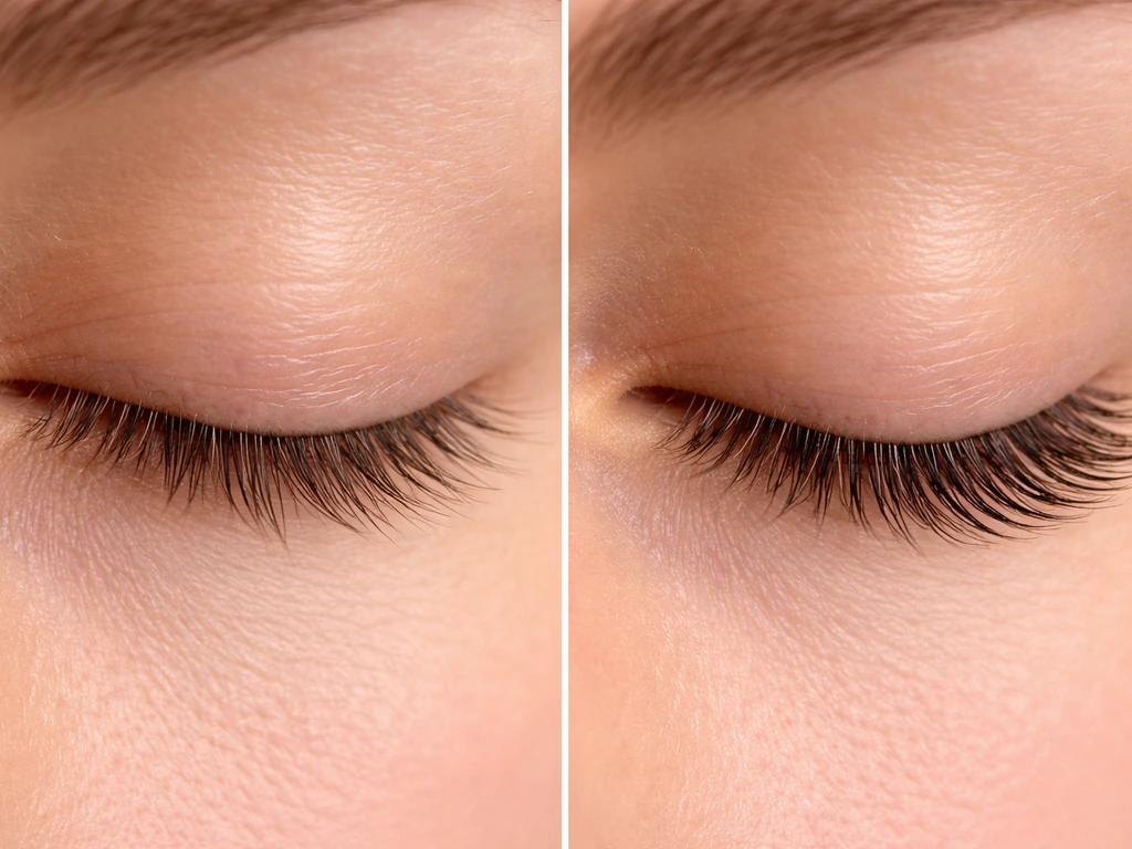 Split close-up of a closed eye showing sparse, broken lashes on the left vs fuller intact lashes on the right.